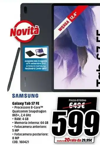 MediaWorld Samsung Galaxy Tab S7 FE offerta