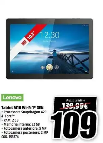 MediaWorld Lenovo M10 WI-fi Gen offerta
