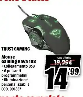 MediaWorld Trust Gaming Mouse Gaming Rava 108 offerta