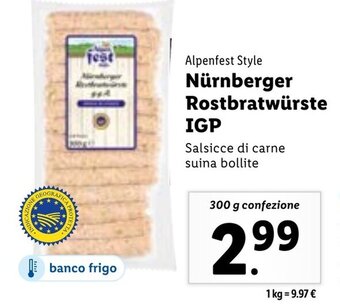 Lidl Alpenfest Style Nürnberger Rostbratwürste IGP 300 g confezione offerta