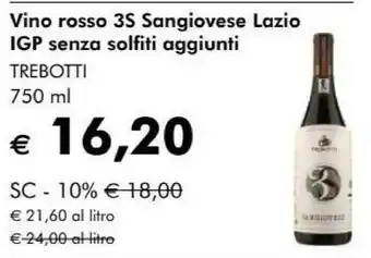 NaturaSì Trebotti Vino Rosso 3s Sangiovese Lazio Igp Senza Solfiti Aggiunti offerta
