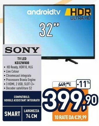 Unieuro Sony BRAVIA KD-32W800 - 32 Pollici – HD Ready - High Dynamic Range (HDR) offerta
