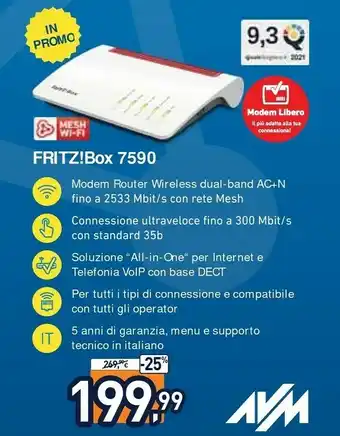 Unieuro Fritz! Box 7590 Router Wireless Gigabit Ethernet Dual-band (2.4 GHz/5 GHz) 3G 4G Bianco offerta