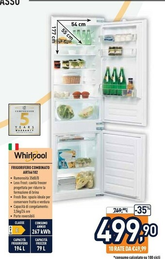 Unieuro Whirlpool ART 66102 Frigorifero Con Congelatore Da Incasso 273 L E Bianco offerta