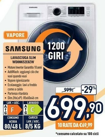 Unieuro Samsung WD8NK52E0ZW Lavasciuga Libera Installazione Caricamento Frontale Bianco F offerta