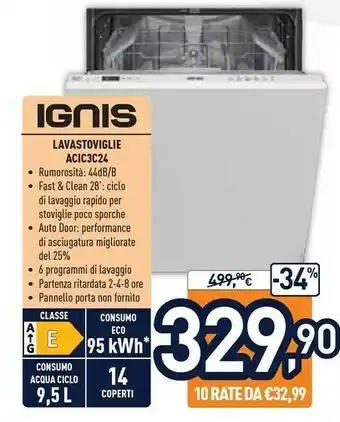 Unieuro Ignis ACIC 3C24 Lavastoviglie A Scomparsa Totale 14 Coperti E offerta