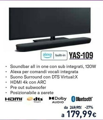 Unieuro Yamaha YAS-109 2.1 Canali 120 W Nero offerta