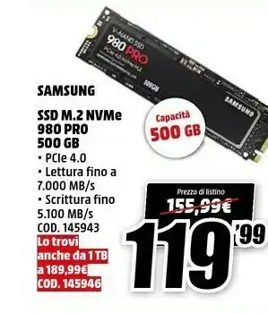 MediaWorld Samsung 980 PRO M.2 500 GB PCI Express 4.0 V-NAND MLC NVMe offerta