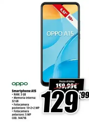 MediaWorld Oppo A15 16,6 Cm (6.52") ColorOS 7.2 4G 3 GB 32 GB 4230 MAh Nero offerta