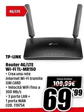 MediaWorld TP-LINK TL-MR150 Router Wireless Banda Singola (2.4 GHz) Fast Ethernet 3G 4G Nero offerta
