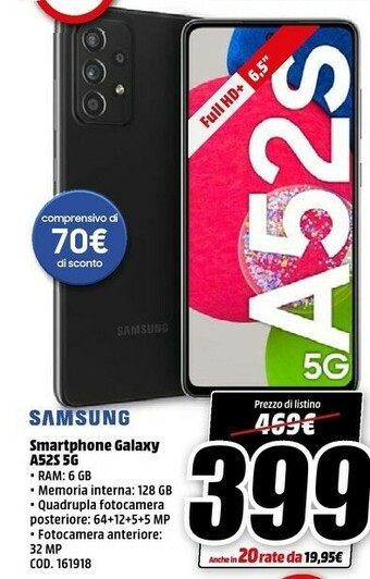 MediaWorld Samsung Galaxy A52s 5G Display 6.5” FHD+ Super AMOLED 128GB Awesome Green offerta