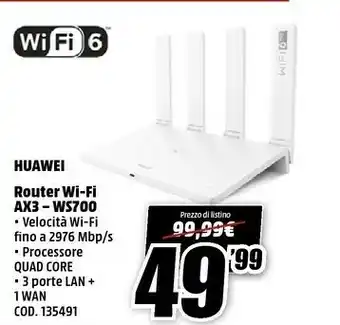 MediaWorld Huawei WiFi AX3 Router Wireless Gigabit Ethernet Dual-band (2.4 GHz/5 GHz) Bianco offerta