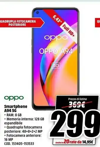MediaWorld Oppo A94 5G A94 16,3 Cm (6.43") Doppia SIM ColorOS 11.1 USB Tipo-C 8 GB 128 GB 4310 MAh Nero offerta