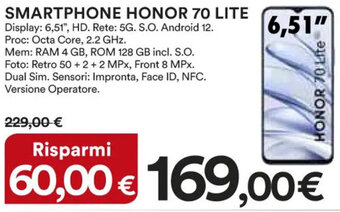 Ipercoop SMARTPHONE HONOR 70 LITE offerta