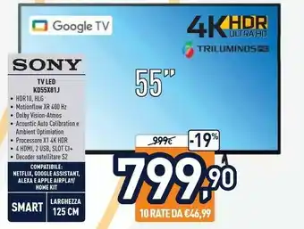 Unieuro Sony BRAVIA KD55X81J - Smart Tv 55 Pollici, 4k Ultra HD LED, HDR, Con Google TV (Nero, Modello 2021) offerta