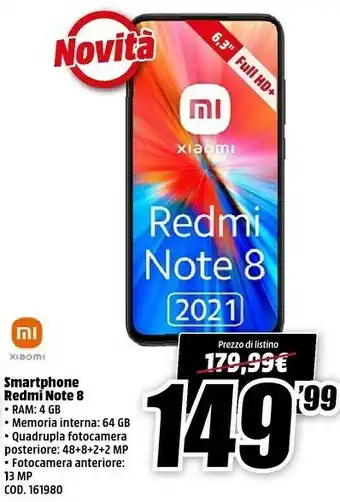 MediaWorld Xiaomi Smartphone Redmi Note 8 offerta