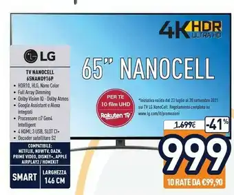 Unieuro LG 65NANO916PA TV 165,1 Cm (65") 4K Ultra HD Smart TV Wi-Fi Nero offerta