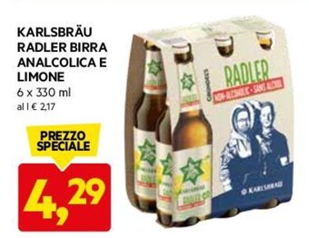 DPiù KARLSBRÄU RADLER BIRRA ANALCOLICA E LIMONE 6 x 330 ml offerta