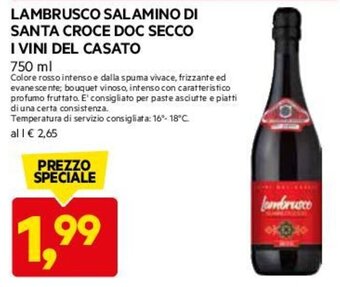 DPiù LAMBRUSCO SALAMINO DI SANTA CROCE DOC SECCO I VINI DEL CASATO 750 ml offerta