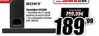 MediaWorld Sony HT-S350, 2.1ch Soundbar Con Wireless Subwoofer offerta