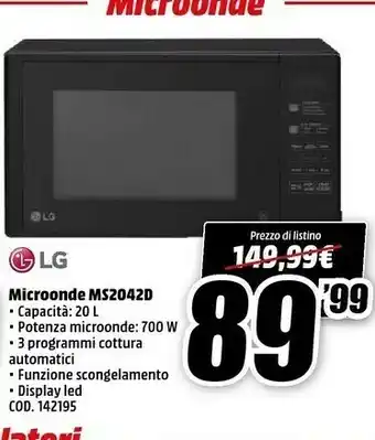 MediaWorld LG MS2042DB Forno A Microonde Solo Microonde 20 L Nero offerta