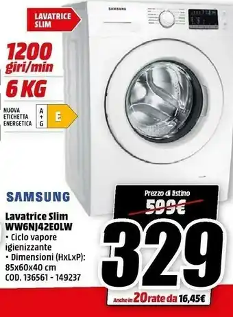 MediaWorld Samsung WW6NJ42E0LW Lavatrice Slim offerta