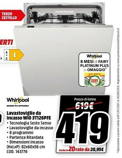 Whirlpool WIO 3T126PFE Lavastoviglie Da Incaso offerta di MediaWorld