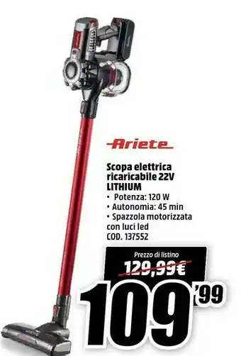 MediaWorld Ariete Scopa Elettrica Ricaricabile 22v Lithium offerta
