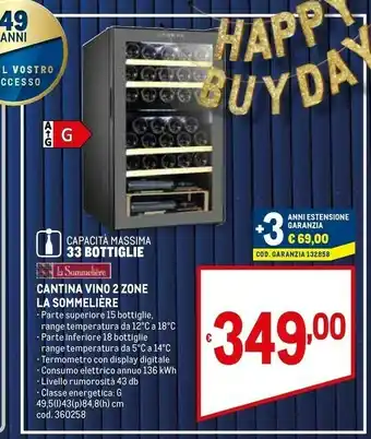 Metro La Sommeliere Cantina Vino 2 Zone 33 Bottiglie G offerta