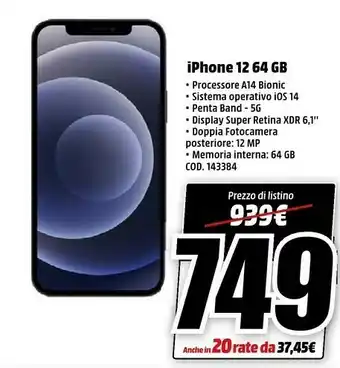 Apple IPhone 12 15,5 Cm (6.1") Doppia SIM IOS 14 5G 64 GB Blu