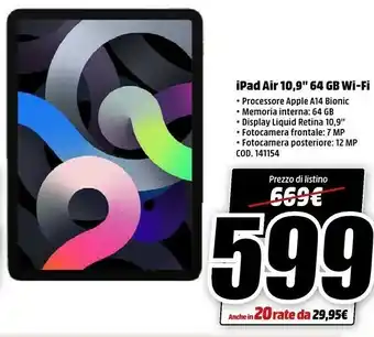 MediaWorld Apple Ipad Air 10,9 64 Gb Wi-fi offerta
