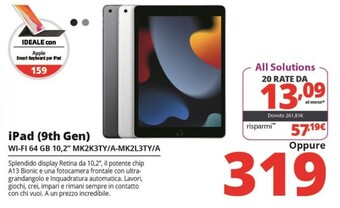 Comet Apple ipad (9th gen) wi-fi 64 gb 10,2 mk2k3ty/a-mk2l3ty/a offerta