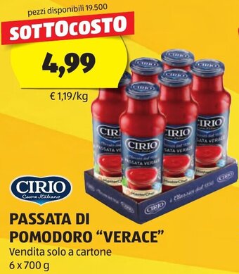 ALDI CIRIO PASSATA DI POMODORO "VERACE" Vendita solo a cartone 6X700 g offerta