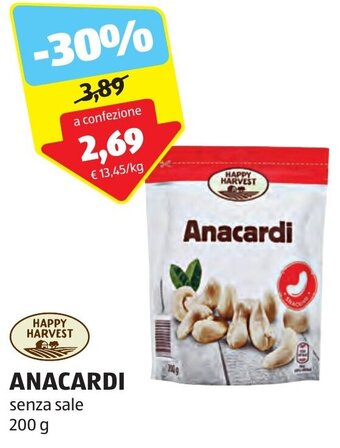 ALDI HAPPY HARVEST ANACARDI senza sale 200 g offerta