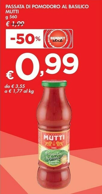 Bennet Mutti Passata Di Pomodoro Al Basilico 560 G(ml) offerta