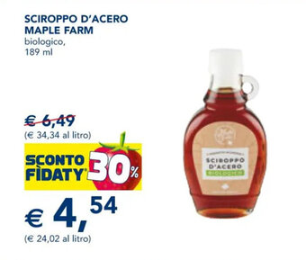 Esselunga SCIROPPO D'ACERO MAPLE FARM biologico, 189 ml offerta