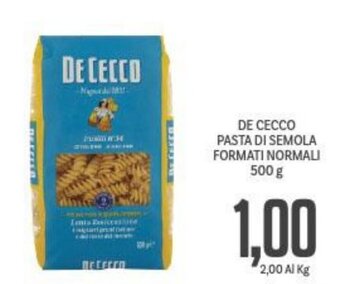 Supermercati Piccolo DE CECCO PASTA DI SEMOLA FORMATI NORMALI 500 g offerta