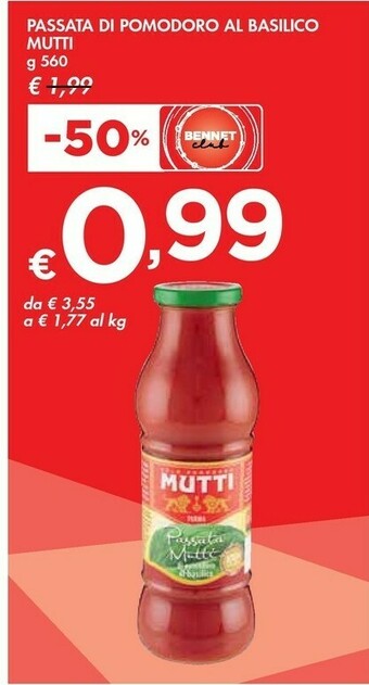 Bennet Mutti Passata Di Pomodoro Al Basilico 560 G(ml) offerta