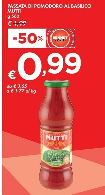 Bennet Mutti Passata Di Pomodoro Al Basilico 560 G(ml) offerta