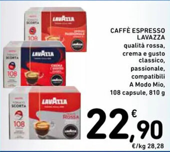 Spazio Conad CAFFÈ ESPRESSO LAVAZZA qualità rossa, crema e gusto classico, passionale, compatibili A Modo Mio, 108 capsule, 810 g offerta