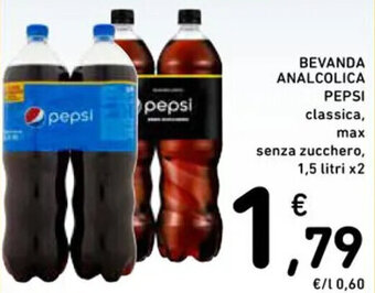Spazio Conad BEVANDA ANALCOLICA PEPSI classica, max senza zucchero, 1,5 litri x2 offerta