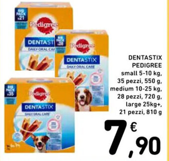 Spazio Conad DENTASTIX PEDIGREE small 5-10 kg, 35 pezzi, 550 g, medium 10-25 kg. 28 pezzi, 720 g. large 25kg+, 21 pezzi, 810 g offerta