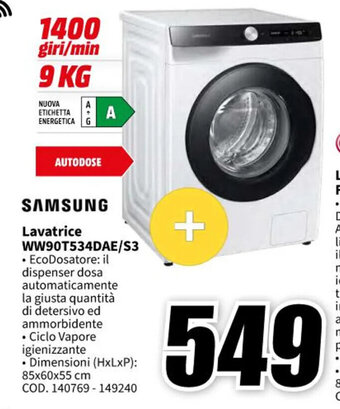 MediaWorld SAMSUNG Lavatrice WW90T534DAE/S3 offerta