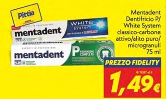Mentadent Dentifricio P/ White System classico-carbone attivo/alito puro/ microgranuli 75 ml
