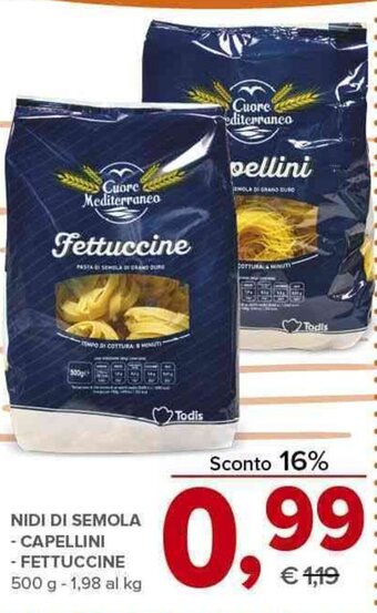 Todis NIDI DI SEMOLA - CAPELLINI - FETTUCCINE 500 g offerta