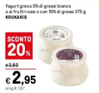 Iper La Grande Yogurt greco 0% di grassi bianco o ai frutti rossi o con 10% di grassi 375 g KOUKAKIS offerta