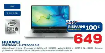 Euronics Huawei MateBook D15 Computer Portatile 39,6 Cm (15.6") 1920 X 1080 Pixel Intel® Core™ I5 Di Decima Generazione 8 GB DDR4-SDRA offerta