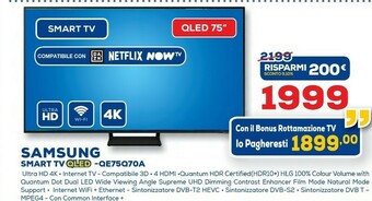 Euronics Samsung TV QLED 4K 75” QE75Q70A Smart TV Wi-Fi Titan Gray 2021 offerta