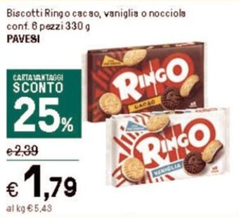 Iper La Grande Biscotti Ringo cacao, vaniglia o nocciola conf. 6 pezzi 330 g PAVESI offerta
