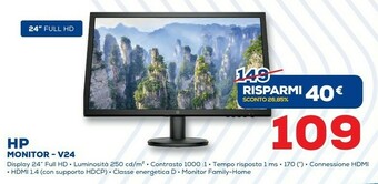 Euronics HP V24 FHD 61 Cm (24") 1920 X 1080 Pixel Full HD LED Nero offerta